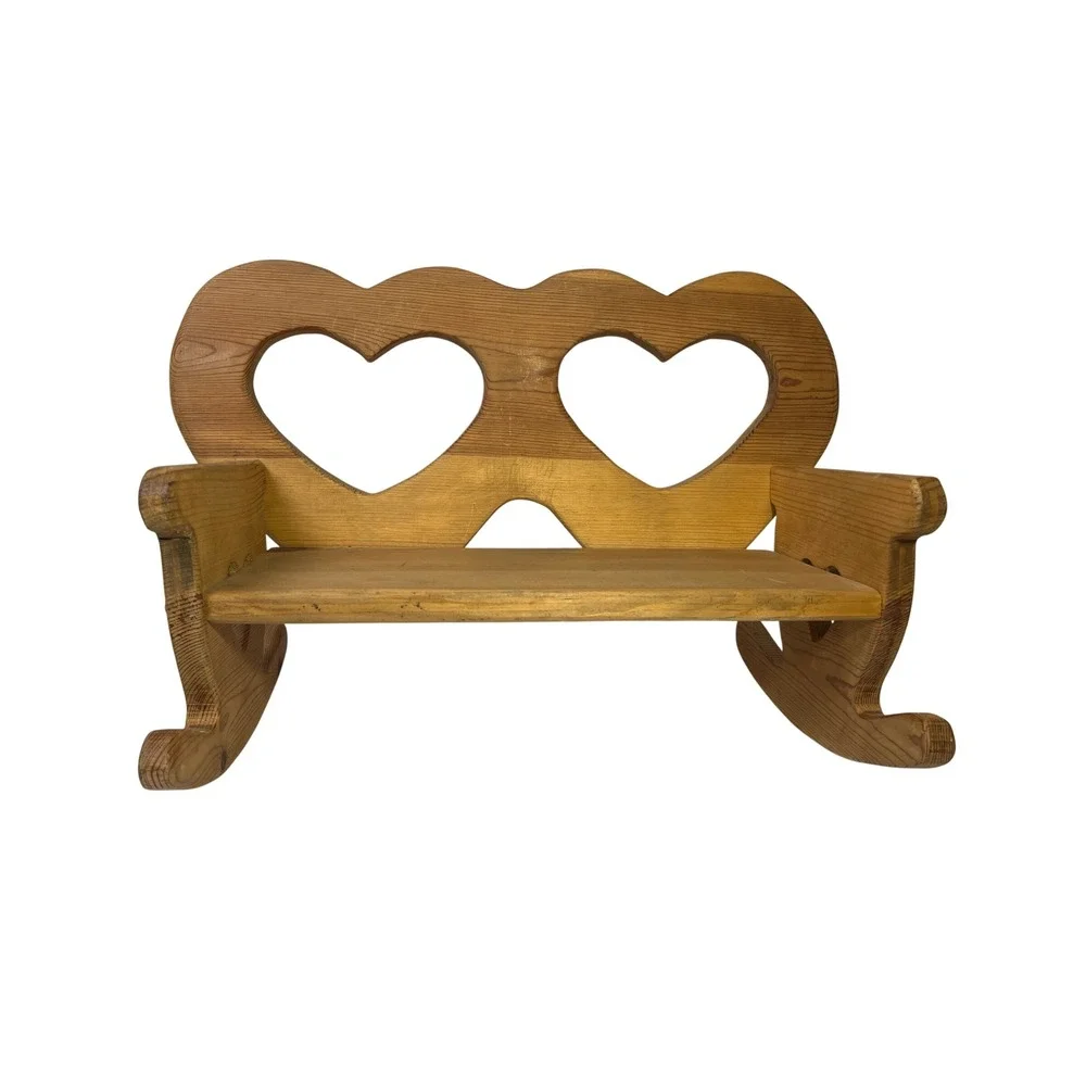 Vintage Wooden Cottagecore Rocking Bench Heart Cutouts Pine Natural Finish